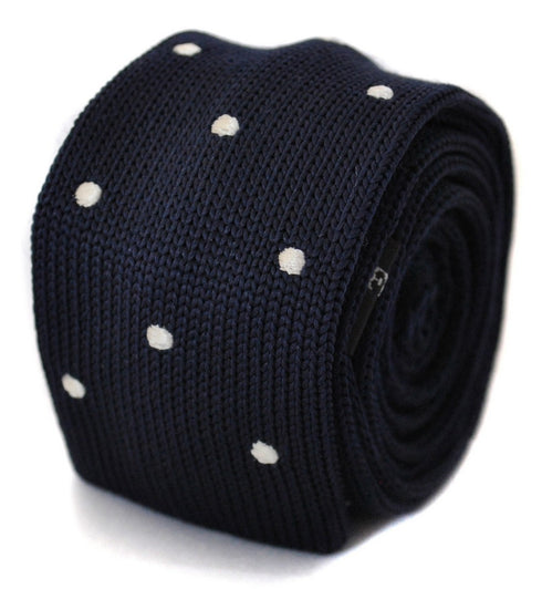 knitted navy skinny tie with white polka dots